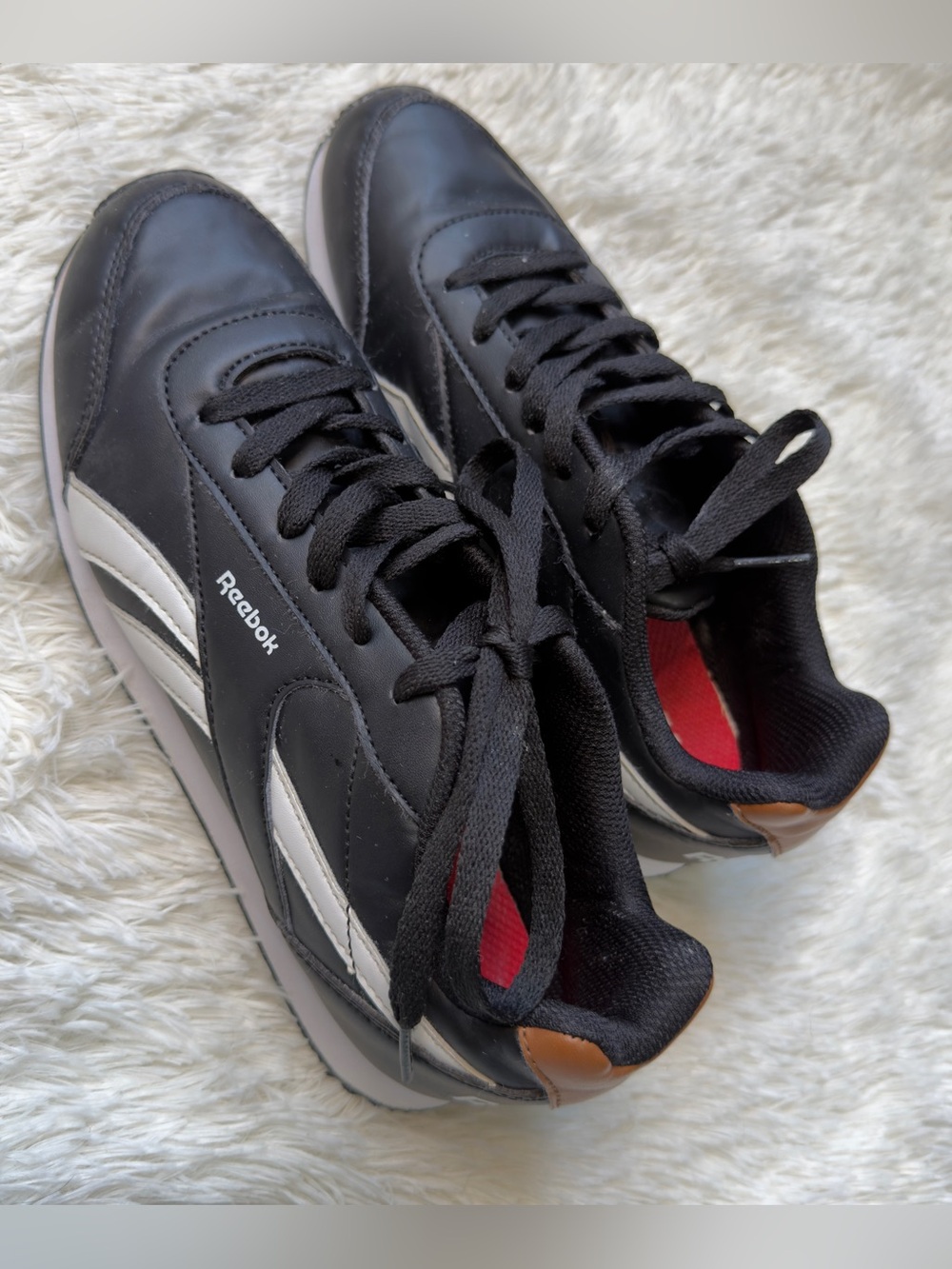 Reebok Men’s Black Sneakers with White Stripes and Tan Heel Tab